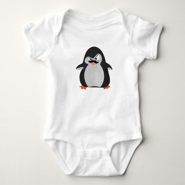 Funny Cute Black Gray Orange Angry Penguin Baby Bodysuit (Front)