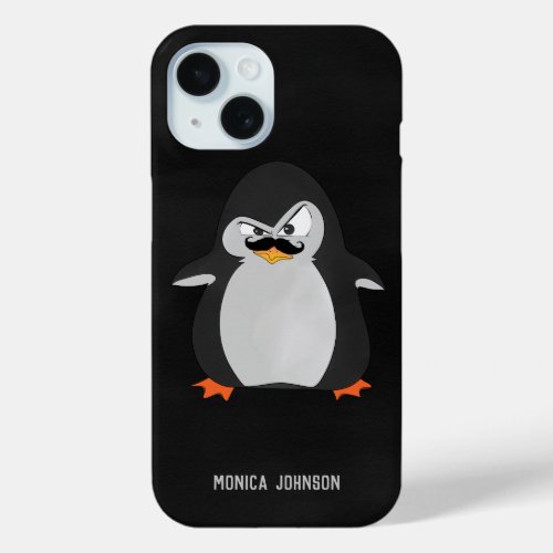 Funny Cute Black Gray Orange Angry Penguin iPhone 15 Case