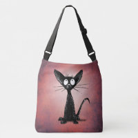 Funny Cute Black Oriental Cat Art on Pink Crossbody Bag