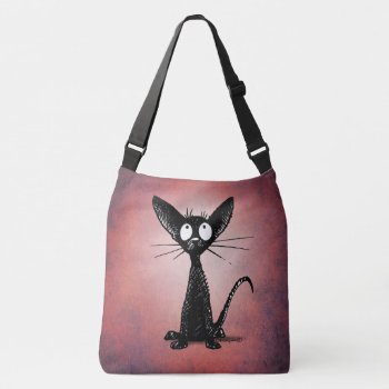 Funny Cute Black Oriental Cat Art On Pink Crossbody Bag by StrangeStore at Zazzle