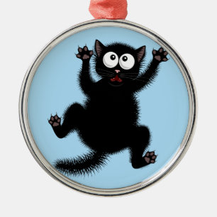Funny Cute Black Scared Cartoon Cat, kitten Metal Ornament