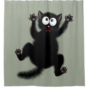 Funny Cute Black Scared Cartoon Cat, kitten Shower Curtain