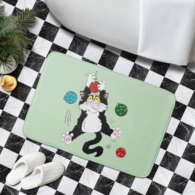 Funny Cute Black White Tuxedo Cat Holiday Green Bath Mat (Creator Uploaded)