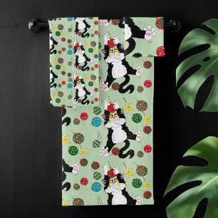 Funny Cute Black White Tuxedo Cat Holiday Green Bath Towel Set