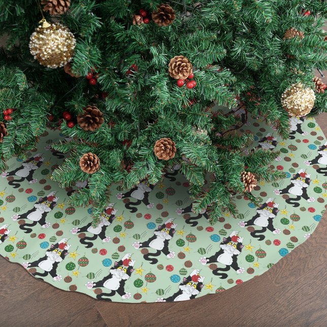 Funny Cute Black White Tuxedo Cat Holiday Green Brushed Polyester Tree Skirt (Creator Uploaded)