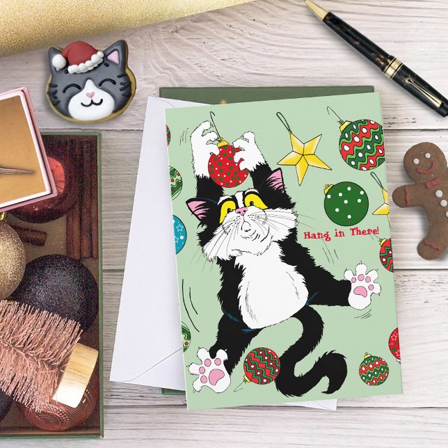 Funny Cute Black White Tuxedo Cat Holiday Green Card (Creator Uploaded)