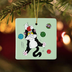 Funny Cute Black White Tuxedo Cat Holiday Green Ceramic Ornament