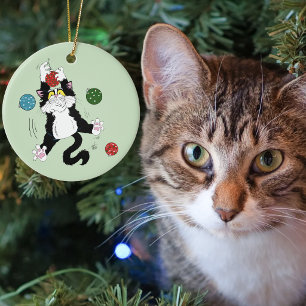 Funny Cute Black White Tuxedo Cat Holiday Green Ceramic Ornament