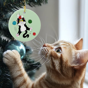 Funny Cute Black White Tuxedo Cat Holiday Green Ceramic Ornament