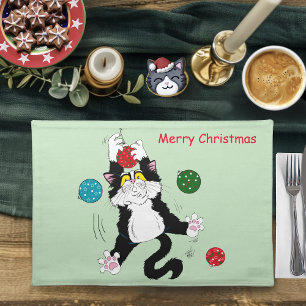 Funny Cute Black White Tuxedo Cat Holiday Green Cloth Placemat