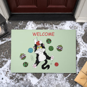 Funny Cute Black White Tuxedo Cat Holiday Green Doormat