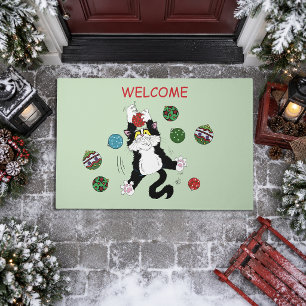 Funny Cute Black White Tuxedo Cat Holiday Green Doormat