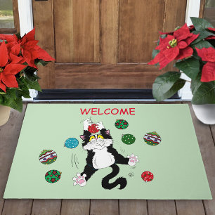 Funny Cute Black White Tuxedo Cat Holiday Green Doormat
