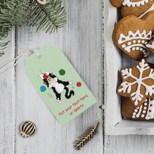 Funny Cute Black White Tuxedo Cat Holiday Green Gift Tags