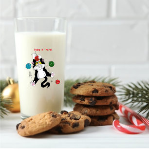 Funny Cute Black White Tuxedo Cat Holiday Green Glass
