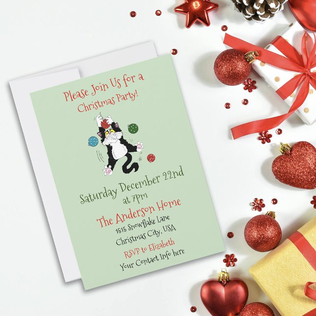Funny Cute Black White Tuxedo Cat Holiday Green Invitation (Creator Uploaded)