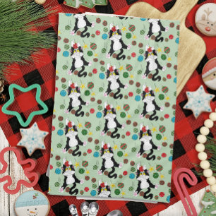 Funny Cute Black White Tuxedo Cat Holiday Green Kitchen Towel