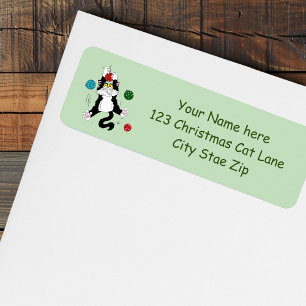 Funny Cute Black White Tuxedo Cat Holiday Green Label