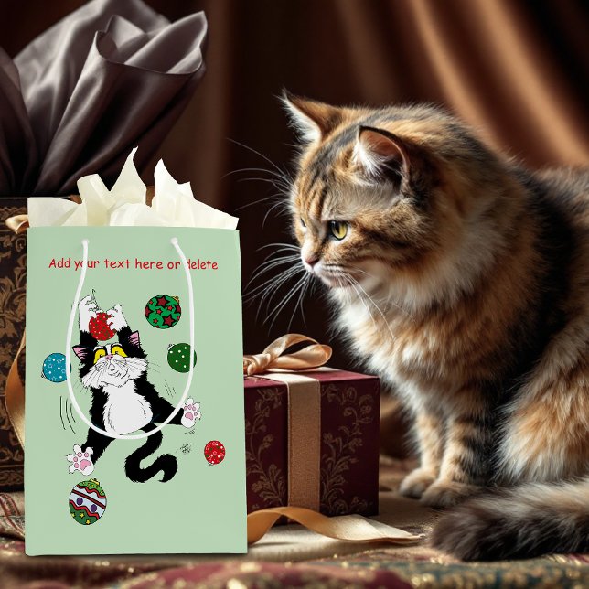 Funny Cute Black White Tuxedo Cat Holiday Green Medium Gift Bag (Creator Uploaded)