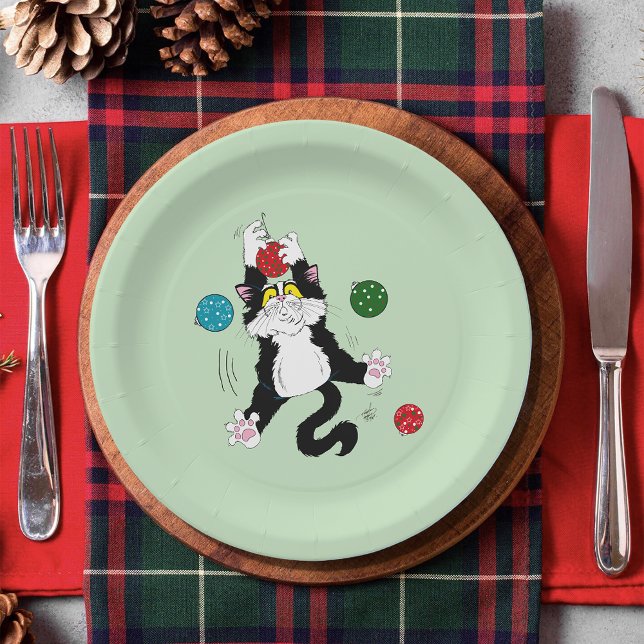 Funny Cute Black White Tuxedo Cat Holiday Green Paper Plates (Creator Uploaded)