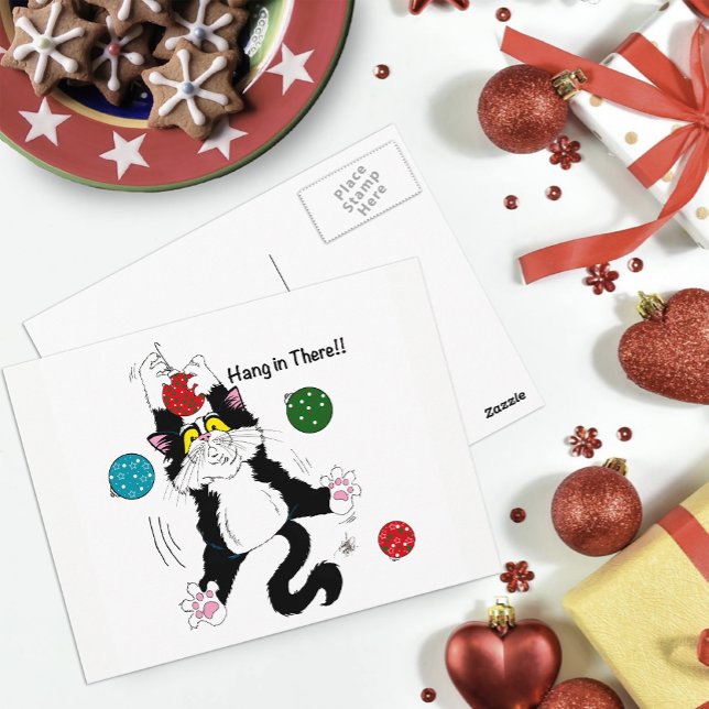 Funny Cute Black White Tuxedo Cat Holiday Green Postcard (Creator Uploaded)