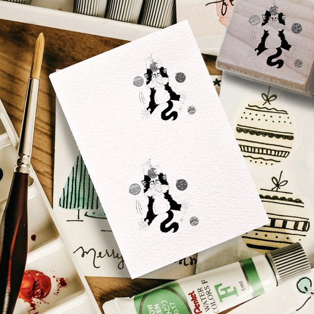 Funny Cute Black White Tuxedo Cat Holiday Green Rubber Stamp (Creator Uploaded)