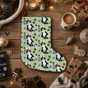 Funny Cute Black White Tuxedo Cat Holiday Green Small Christmas Stocking