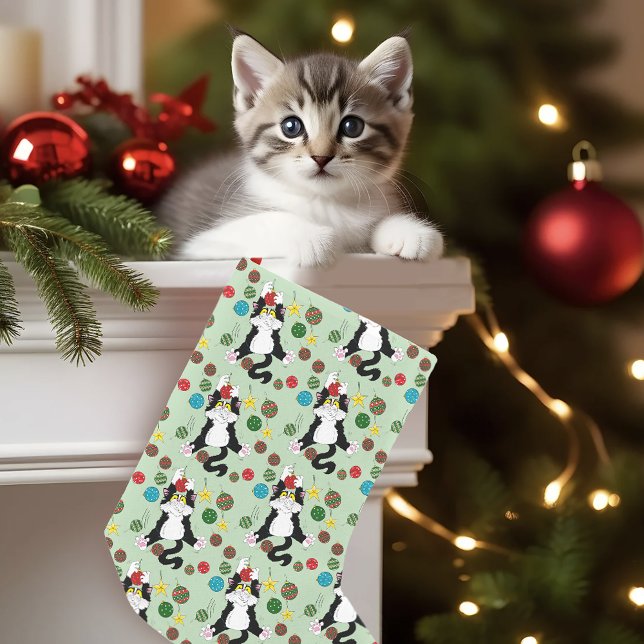 Funny Cute Black White Tuxedo Cat Holiday Green Small Christmas Stocking (Creator Uploaded)