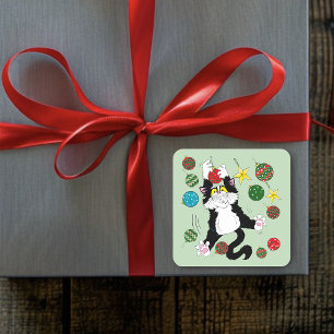 Funny Cute Black White Tuxedo Cat Holiday Green Square Sticker