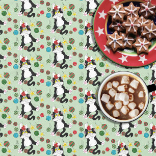 Funny Cute Black White Tuxedo Cat Holiday Green Tablecloth