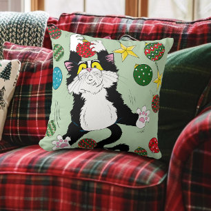 Funny Cute Black White Tuxedo Cat Holiday Green Throw Pillow