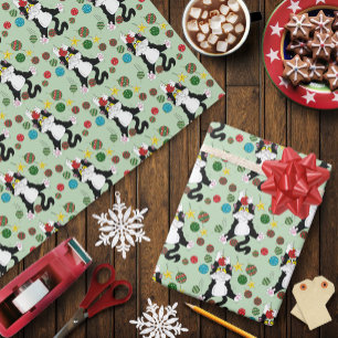 Funny Cute Black White Tuxedo Cat Holiday Green Wrapping Paper