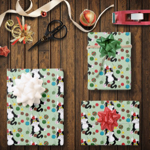Funny Cute Black White Tuxedo Cat Holiday Green Wrapping Paper Sheets