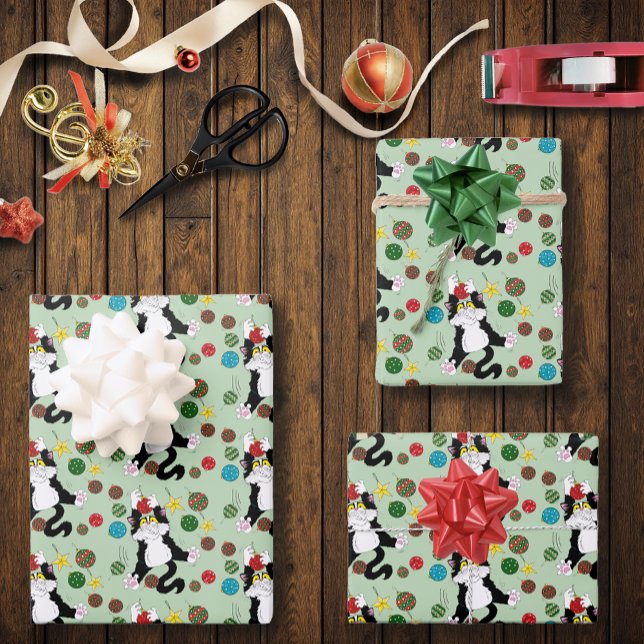Funny Cute Black White Tuxedo Cat Holiday Green Wrapping Paper Sheets (Creator Uploaded)