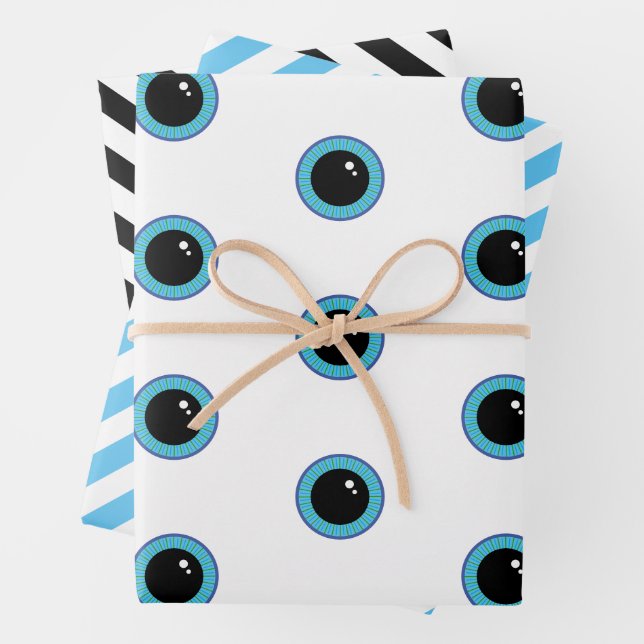 Funny Cute Blue Eyes and Stripes Wrapping Paper Sheets (In situ)