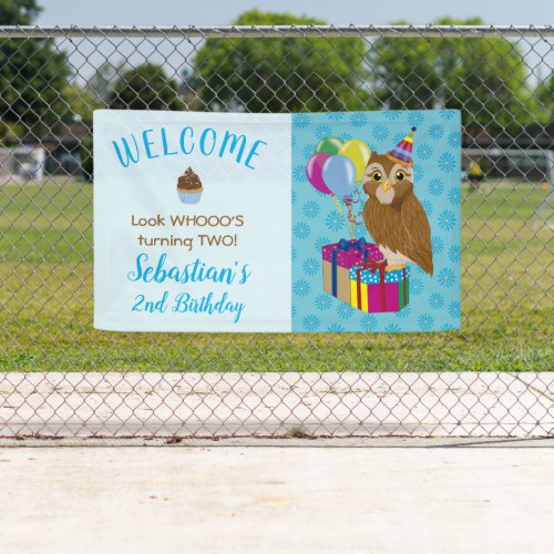 Funny Cute Blue Owl 2nd Birthday Party Welcome Banner