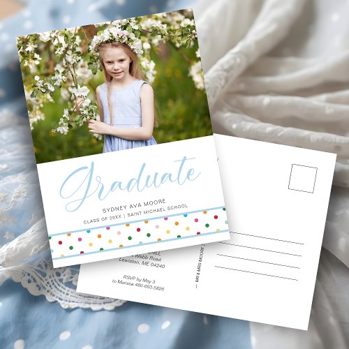 Funny Cute Blue Polka Dots Grad Photo Graduation Postcard