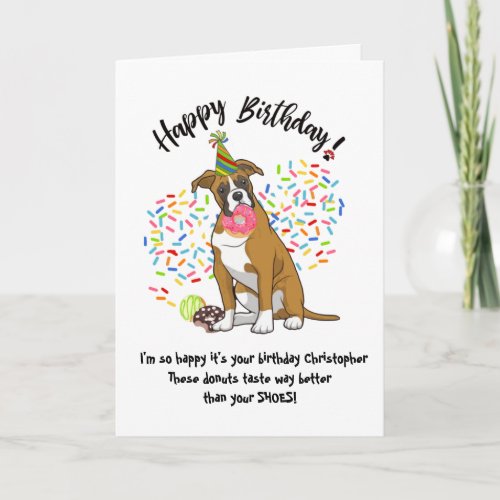 Funny Cute Boxer Dog Birthday Card Donuts