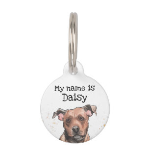 Funny & cute Brown staffie, staffy Dog Watercolor Pet ID Tag