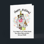Funny Cute Bulldog Dog Birthday Card Donuts<br><div class="desc">Funny Cute Bulldog Dog Birthday Card Donuts. .Time to eat the donuts! This funny birthdaycard feature your favorite Funny Cute Bulldog Dog all decked out in his party hat, munching on your stash of birthday donuts. Sprinkles flying everywhere, and your pup already has a donut in his mouth and two...</div>