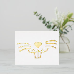 Funny cute bunny face cartoon illustration gold foil holiday postcard