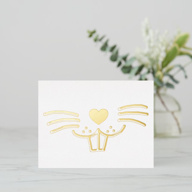 Funny cute bunny face cartoon illustration gold foil holiday postcard (Standing Front)