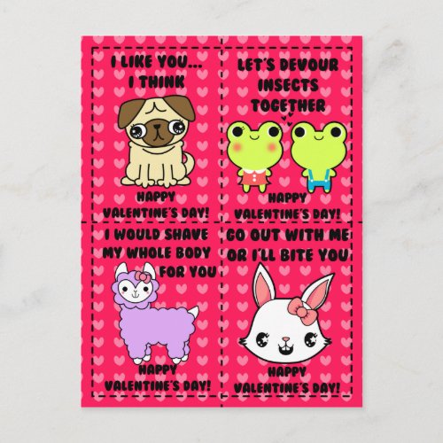 Funny cute cartoon animal valentines postcard