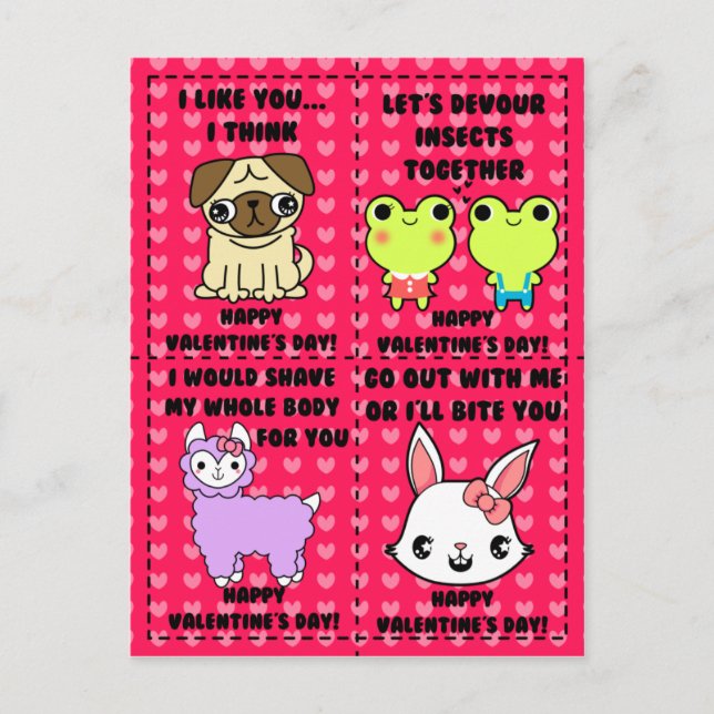 Funny cute cartoon animal valentines postcard (Front)