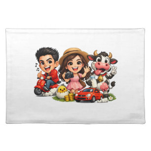 Funny Cute Cartoon Caricature Friends and Cow Mug  Cloth Placemat