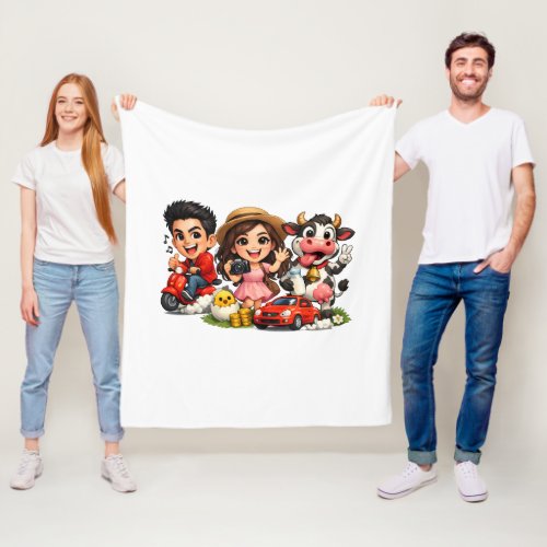 Funny Cute Cartoon Caricature Friends and Cow Mug  Fleece Blanket