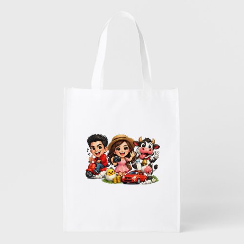 Funny Cute Cartoon Caricature Friends and Cow Mug  Grocery Bag