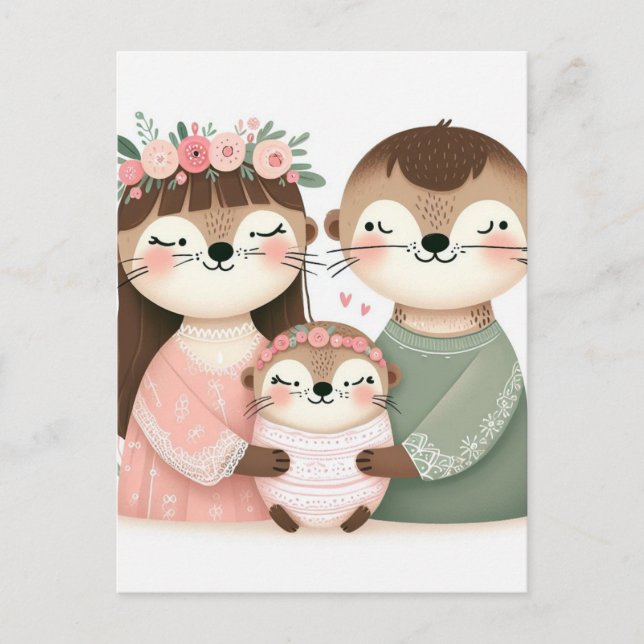 Funny Cute Cartoon Otter Family Postcard (Front)