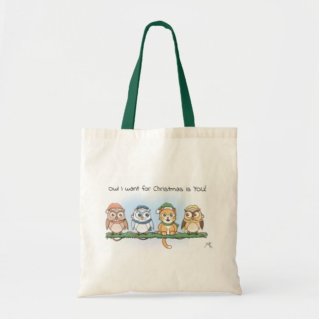 Funny Cute Cartoon Owls and Cat Christmas Shopping Tote Bag (Front)