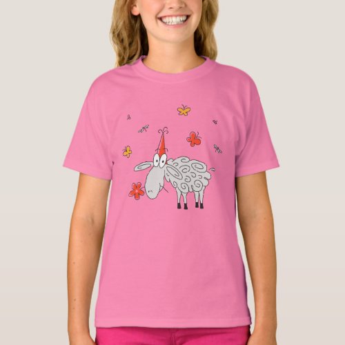 Funny Cute Cartoon Sheep Flower Butterfly Girl T_Shirt